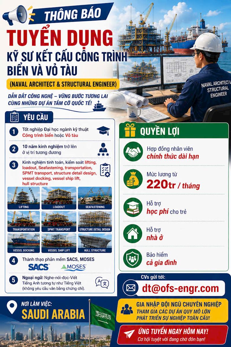 Tuyển dụng Kỹ sư kết cấu công trình biển & Trưởng nhóm thiết kế hoạ viên